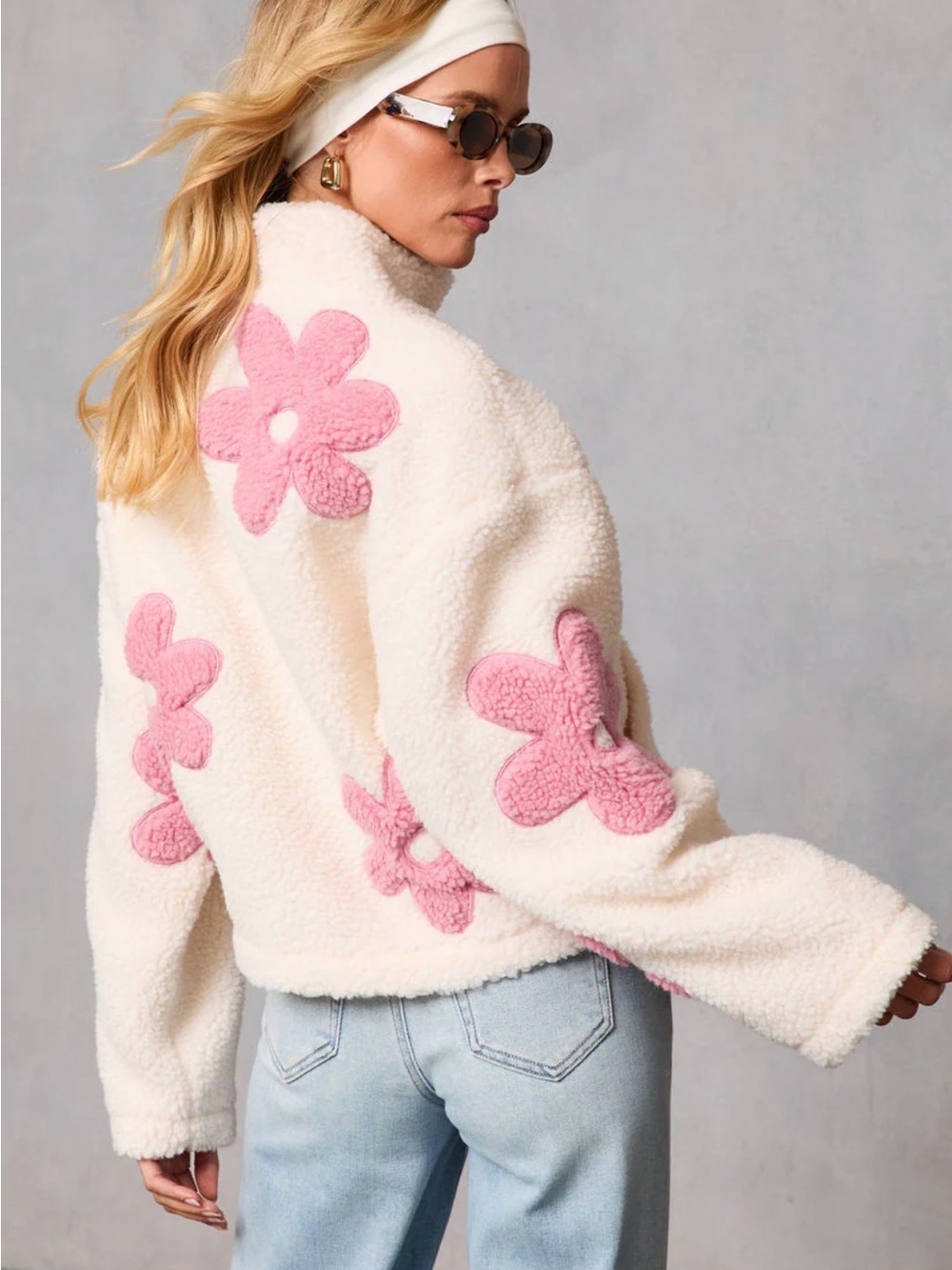 Vici Cream Teddy Jacket with Pink Flower Appliqués